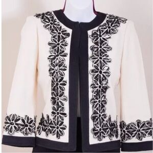 ST.JOHN Womens Knit Cream & Black Embroidered Trim Jacket Size 8